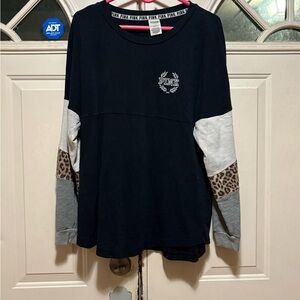 PINK Victoria's Secret Black Long Sleeve Colorblock Tee with Gray & Leopard